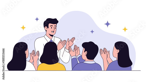 Team Applauding Successful Presentation or Speech by Man