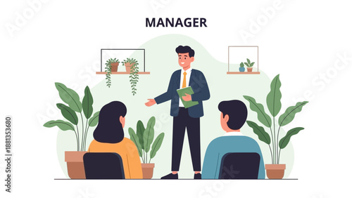 Manager leading team meeting with plants in modern office