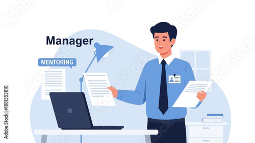 Manager Mentoring Employee with Documents and Laptop in Office