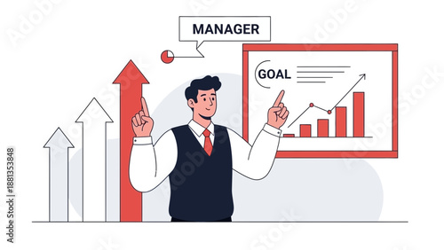 Manager presenting growth chart with goal achievement and rising arrows