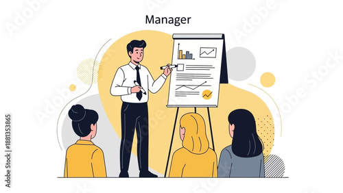 Manager Presents Business Plan to Team on Flip Chart with Graphs