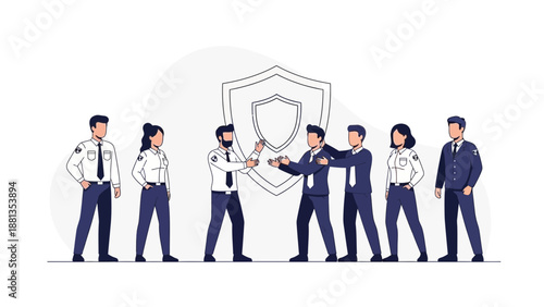 Security team protecting business concept with shield icon, teamwork