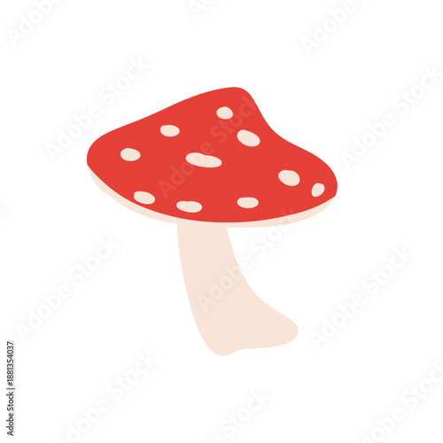 Red fly agaric mushrooms in flat vector style. Cute hand-drawn toadstool illustrations with different shapes and angles, isolated on white background. Forest fungi, fairy tale, botanical
