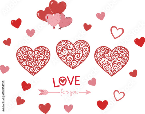 Hand drawn decorative lace hearts vector illustration with flying balloons, love quote and arrow for romantic Valentine's day greeting card design