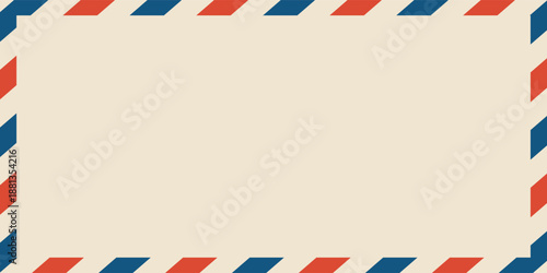 Airmail envelope frame. Commercial envelope. International vintage letter border. Retro air mail postcard with blue and red stripes. Blank correspondence paper template.eps,10