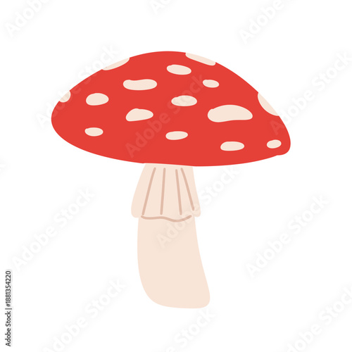 Red fly agaric mushrooms in flat vector style. Cute hand-drawn toadstool illustrations with different shapes and angles, isolated on white background. Forest fungi, fairy tale, botanical