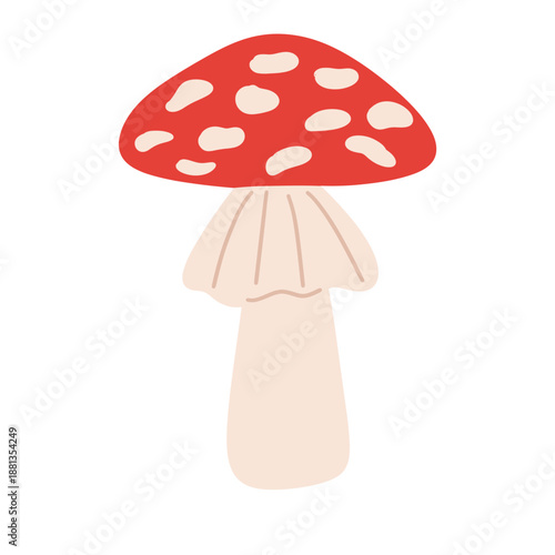 Red fly agaric mushrooms in flat vector style. Cute hand-drawn toadstool illustrations with different shapes and angles, isolated on white background. Forest fungi, fairy tale, botanical