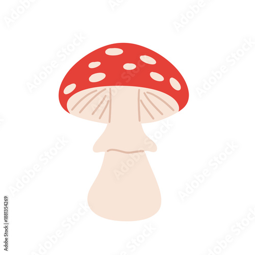 Red fly agaric mushrooms in flat vector style. Cute hand-drawn toadstool illustrations with different shapes and angles, isolated on white background. Forest fungi, fairy tale, botanical