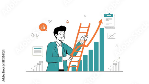 Business growth concept: man climbing ladder to reach financial chart success