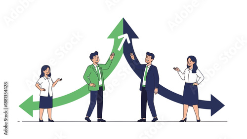Business Growth Strategy: Team Collaboration and Directional Arrows
