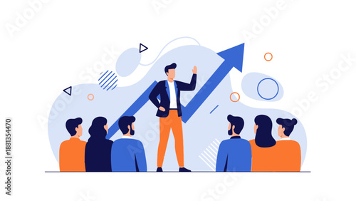 Business Leader Presenting Growth Strategy to Team with Upward Arrow