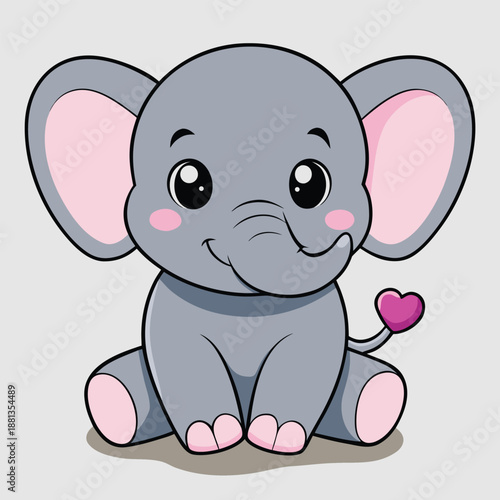 A cute baby elephant and small mouse character share a smile in this funny vector illustration featuring a pink heart and isolated cartoon art