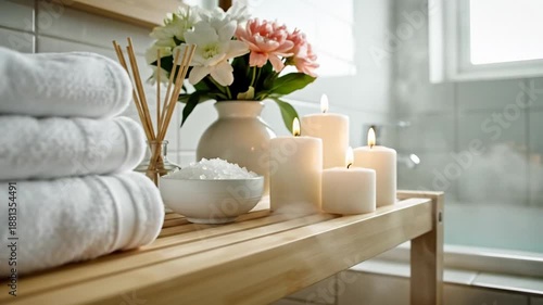Serene Spa Atmosphere with Stacked White Towels Aromatic Candles and Fresh Flowers on Wooden Shelf