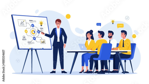 Business meeting presentation, team learning strategy, whiteboard chart, flat vector illustration