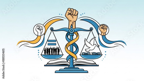 Balance scale with fists and dna helix symbolizing equality