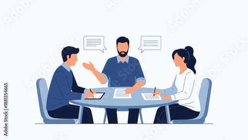 Business meeting: team discussion, planning, and communication at office table
