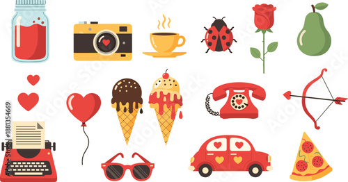 Cute Valentine's day vector icon set with red heart, retro camera, food and romantic elements for sticker, patch or badge design