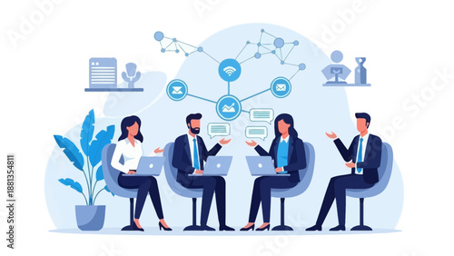 Business meeting with laptops, communication network, and collaboration concept