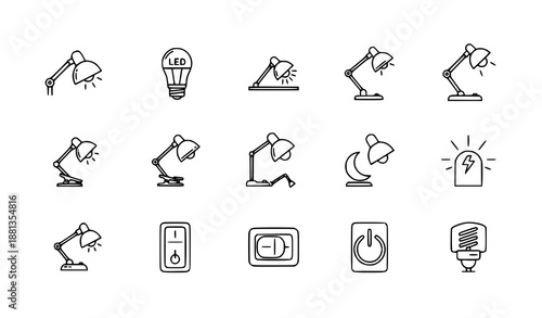 Lamp outline icon vector set with smart lighting and functional line symbols