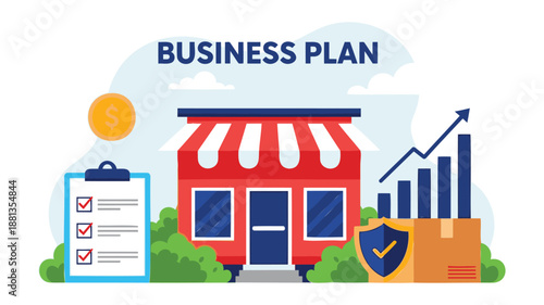 Business Plan Illustration with Storefront and Growth Chart