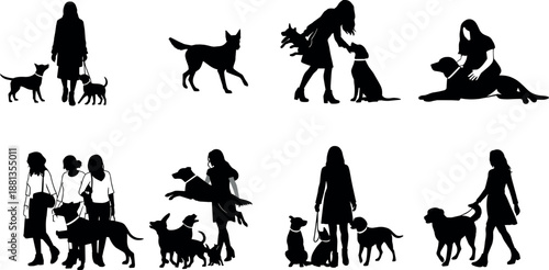 Black silhouette collection of women walking, hugging, and playing with various dogs, set of isolated female pet owners with animals.