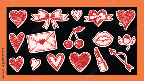 Hand drawn valentine vector sticker set with scribbled red hearts, lips, lipstick, cherry and love envelope for romantic greeting card design