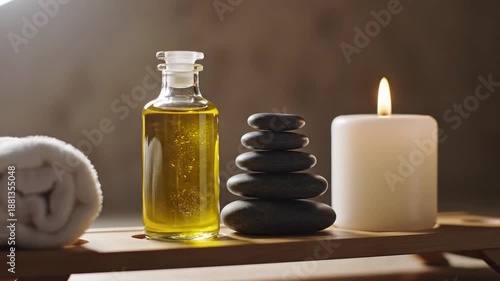 Serene spa still life with stacked dark smooth stones a rolled white fluffy towel a clear glass bottle filled with golden essential oil and a lit white candle on a wooden tray against a textured