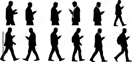 Black Silhouette Set of Business Men and Students Walking and Standing While Using Smartphones Isolated on White Background Vector Illustration