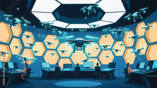 Illustration Of Drone Control Room With Honeycomb-Like Hexagon Panels, Digital Geometric Style Operator, Hovering Drone Vector Design Template