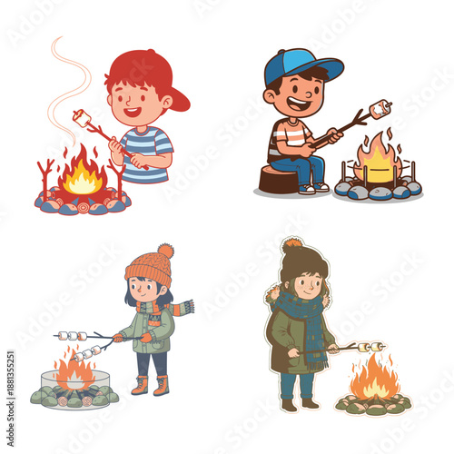 Kids roasting marshmallows at campfire vector collection