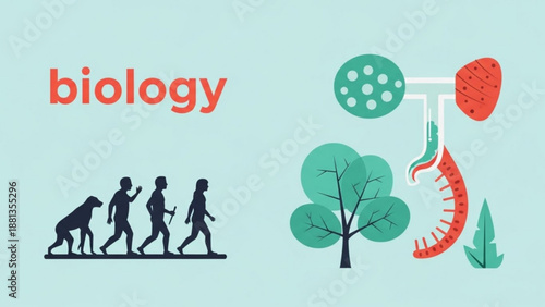 Biology illustration featuring human evolution and digestive system