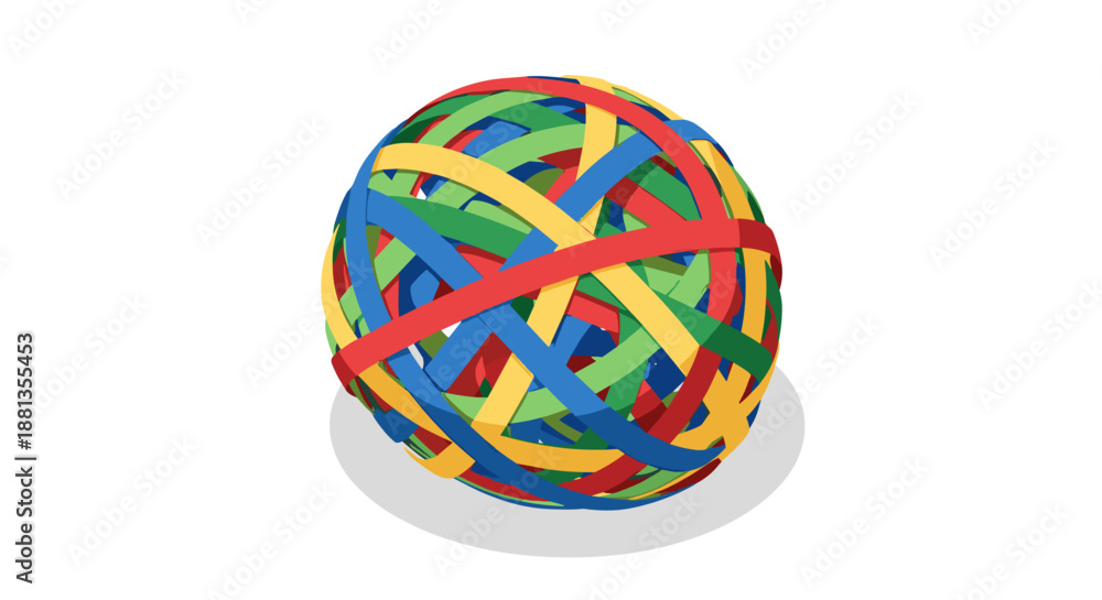 Obraz premium Vibrantly colored tangled yarn bundle isolated on a clean white background, showcasing an intricate weave of red, blue, green, and yellow strands forming a spherical