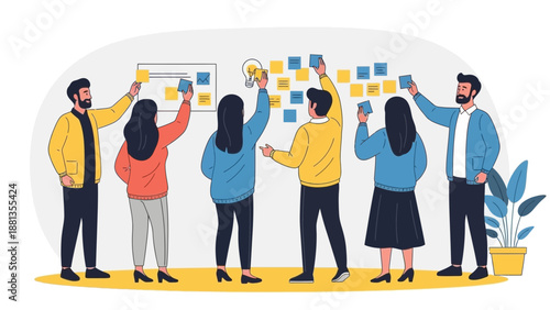 Teamwork and Brainstorming Session with Sticky Notes on Board