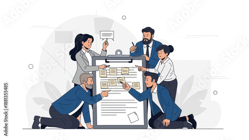 Teamwork and collaboration: business people planning project on whiteboard