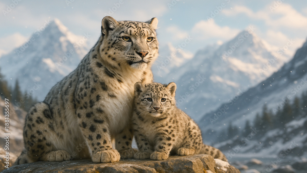 Fototapeta premium Wild snow leopard with her cub in alpine mountains, wildlife family in natural habitat.