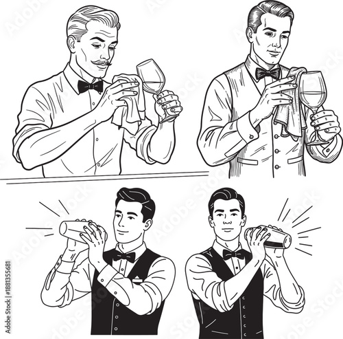Four black and white illustrations of male bartenders, two polishing wine glasses and two shaking cocktail shakers with motion lines.