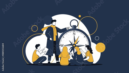 Teamwork and Navigation: People around a Giant Compass, Business Direction Concept