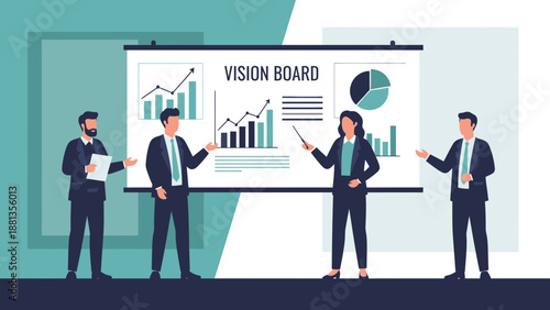 Business Team Presenting Vision Board with Growth Charts and Pie Chart