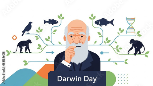 Illustration of charles darwin with evolutionary timeline