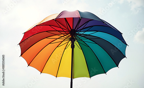 Rainbow umbrella against cloudy sky, colorful spectrum canopy and spokes, minimal summer weather concept