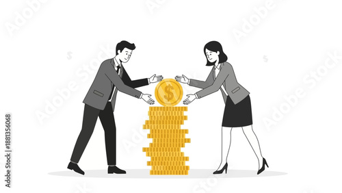 Business partners building wealth together, stacking gold coins with dollar sign