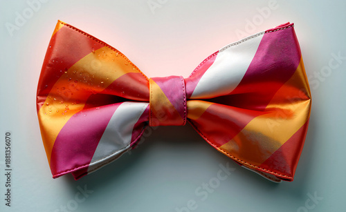 Colorful striped bow tie with water droplets on pastel background, fashion accessory closeup