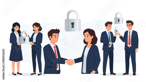 Business Partnership Security: People shaking hands with locks, illustration