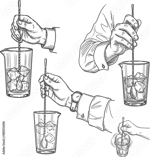 Hands stirring cocktails with ice in mixing glasses using a bar spoon, illustrating the bartending technique.