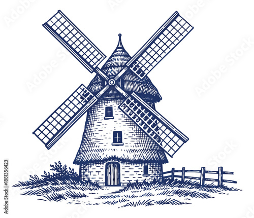 Hand drawn line art illustration of a windmill depicting a rustic rural scene for traditional farming concepts