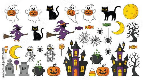 Halloween Elements Set with Witches, Ghosts, and Haunted Houses