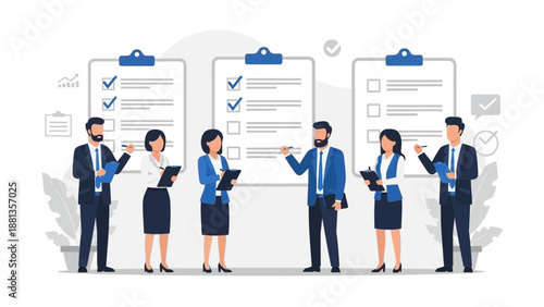 Business Team Checking Tasks on Checklists, Project Management Concept