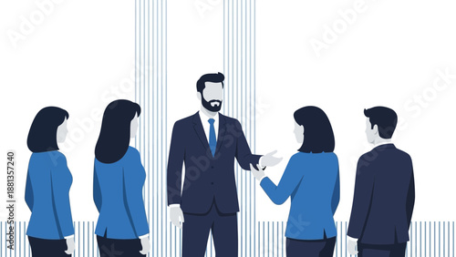 Business Team Meeting: Leader Discussing Strategy with Colleagues, Modern Flat Design