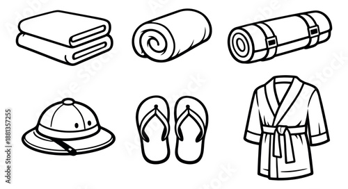 Hand drawn line art travel and leisure essentials set featuring various towels, a sleeping mat, a pith helmet, flip-flops, and a bathrobe for comfort and relaxation