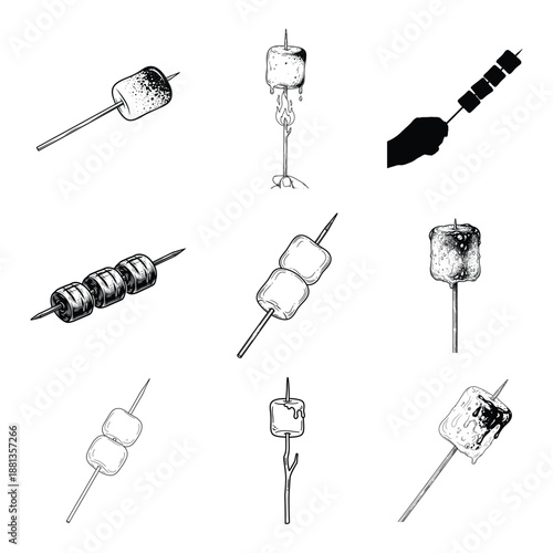 Hand-drawn toasted marshmallows on sticks collection